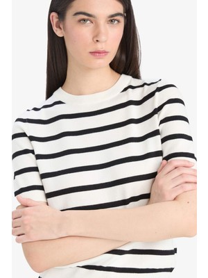 DeFacto Regular Fit Bisiklet Yaka Çizgili Kısa Kollu Triko Kazak D6271AX25AU