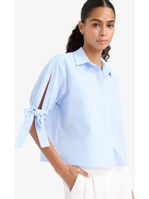 DeFacto Regular Fit Bağlama Detaylı Poplin Uzun Kollu Gömlek F9139AX25WN