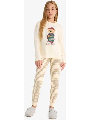 DeFacto Kız Çocuk Pijama Takımı Baskılı Uzun Kollu Üst Çizgili Uzun Alt F1085A825AU