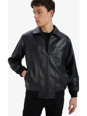 DeFacto Su İtici Regular Fit Gömlek Yaka Fermuarlı İç Cepli Suni Deri Mevsimlik Ceket Mont C5843AX25AU