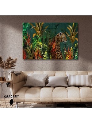 Tekli Yatay Kanvas Duvar Tablosu Leopar ve Yapraklar