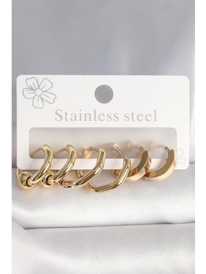 Shopwave 316L Çelik Gold Renk Altıgen Halka Model Kadın Küpe Seti