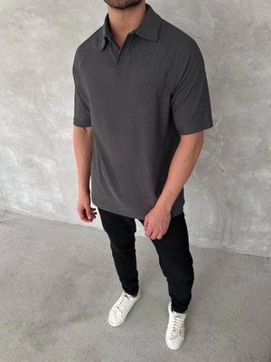 Yakalı Patlı Kısa Kol T-Shirt - Antrasit