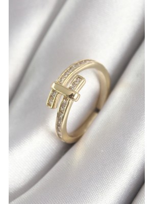 Pirinç Gold Renk Zirkon Taşlı Kadın Yüzük