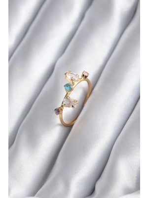 Shopwave Gold Renk Renkli Zirkon Taşlı Kadın Yüzük