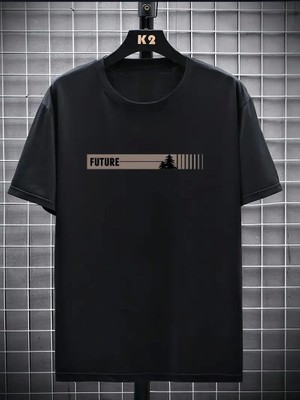 20/1 Penye Compack Futre Baskılı Oversize Kısa Kol Bisiklet Yaka T-Shirt - Siyah