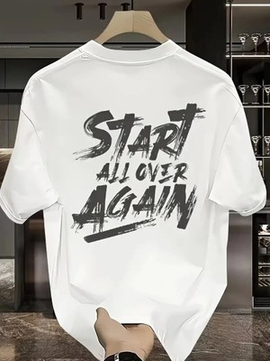 20/1 Penye Compack Start All Over Baskılı Oversize Bisiklet Yaka Kısa Kol Yazlık T-Shirt - Beyaz