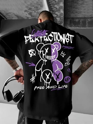 Erkek Oversizegrafik Tişört "campbrastcooperatıon" Kalın Yazı Bisiklet Yaka, Kısa Kol, Kalın Mor ve Siyah Desenli Yazlık Sokak Kıyafeti - Siyah