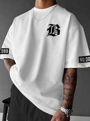 Lb Baskılı Ön Arka Oversize Bisiklet Yaka Kısa Kol T-Shirt - Beyaz