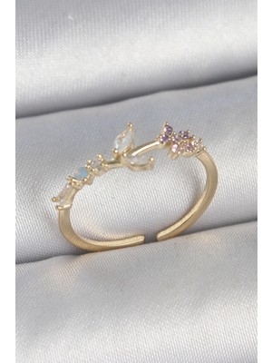 Shopwave Pirinç Gold Renk Zirkon Taşlı Çiçek Model Ayarlanabilir Kadın Yüzük