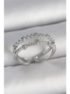 Shopwave Pirinç Gümüş Renk 2'li Zirkon Taşlı Ayarlanabilir Model Kadın Yüzük