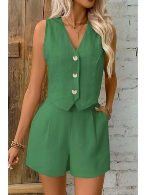 Kadın Kolsuz Askılı V Yakalı Önden Düğmeli Ithal Keten Ceket ve Short Ikili Takım