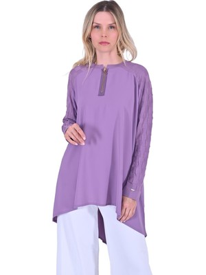 Kesme Şeker Örgü Detaylı Fermuarlı Tunik Eflatun