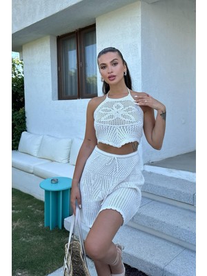 Kadın Ekru Pamuk Dokuma Askılı Halter Yaka Takım