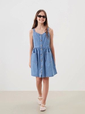 Lcw Kids Indigo Kare Yaka Kız Çocuk Jean Elbise