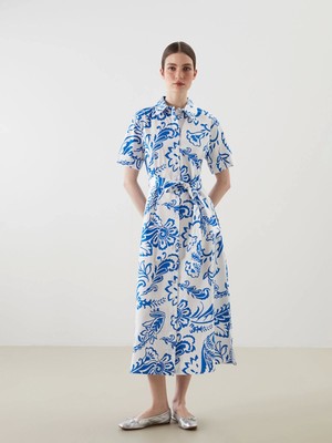 Lcwaıkıkı Classic Mavi Çiçekli Kuşaklı Gömlek Elbise