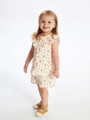 Lcw Baby Ekru Bisiklet Yaka Çiçekli Kız Bebek Bluz ve Şort 2'li