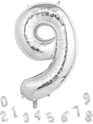 Parti Adresi Rakam Folyo Balon 9 Gümüş Renk 100 cm - 40"
