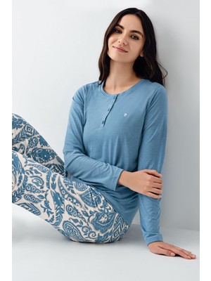 Kadın Mevsimlik Uzunkol Turkuaz Pijama Takım, Modal ve Pamuk Kumaş
