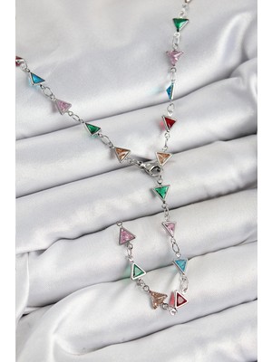 Pirinç Renkli Zirkon Taşlı Üçgen Model Gümüş Renk Kadın Y Kolye - EBJ250726W36754