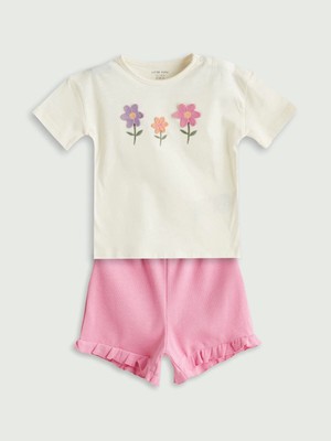 Lcw Baby Bej Bisiklet Yaka Çiçekli Kız Bebek Bluz ve Şort 2'li