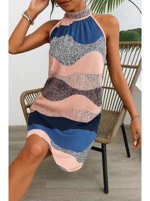 Kadın Kolsuz Boyundan Askılı Desenli Midi Süprem Elbise