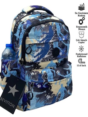 Su Itici Kumaş Okul Çantası Unisex Mavi-Simli Okul Sırt Çantası