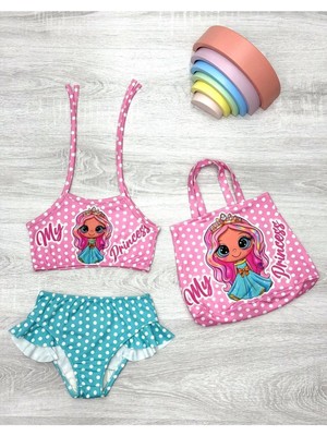 Üç Parça Çantalı Kız Çocuk Fırfırlı Bikini Takım
