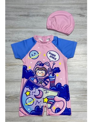 Çizgi Film Desenli Fermuarlı Boneli Kız Çocuk Mayosu