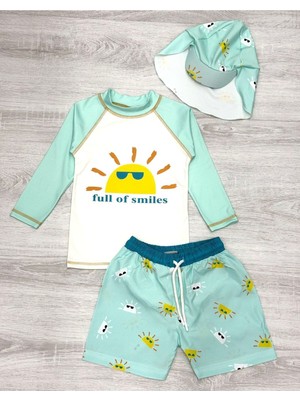 Güneş Korumalı Boneli Karakter Desenli Deniz Şortlu Mayo Takım