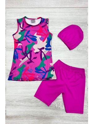 Üç Parça Kız Çocuk Kısa Şortlu Mayo