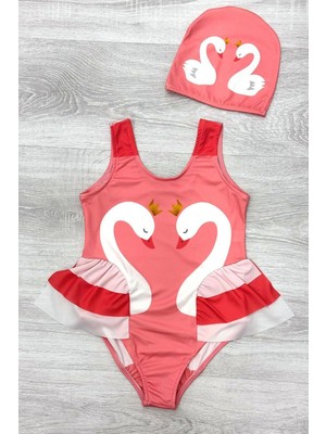 Zarif Kuğu Desenli Üç Kat Fırfır Detaylı Boneli Kız Çocuk Mayo