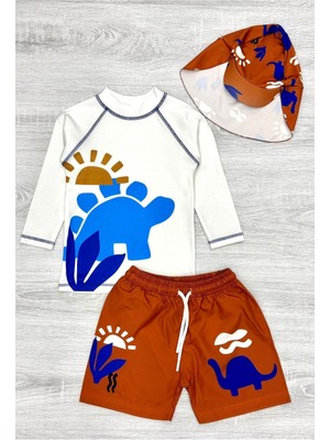 Güneş Korumalı Boneli Karakter Desenli Deniz Şortlu Mayo Takım