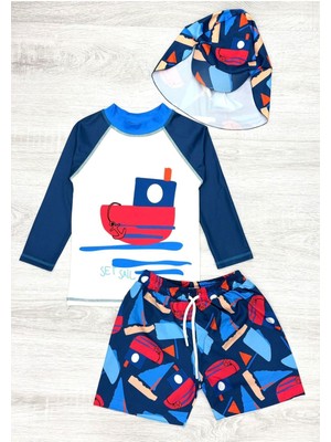 Güneş Korumalı Boneli Karakter Desenli Deniz Şortlu Mayo Takım