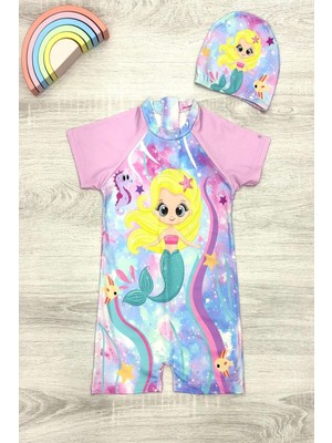 Dalgıç Kumaş Gizli Fermuarlı Boneli Karakter Desenli Kız Çocuk Mayo