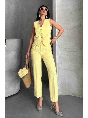 Kadın Alt Üst Takım Şık Gold Düğme Detaylı V Yaka Yelek Pantolon Takım