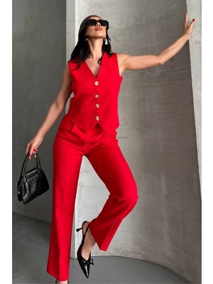 Kadın Alt Üst Takım Şık Gold Düğme Detaylı V Yaka Yelek Pantolon Takım