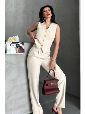 Kadın Alt Üst Takım Şık Gold Düğme Detaylı V Yaka Yelek Pantolon Takım