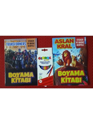 2 Adet Stickerli Boyama Kitabı ve 12 Li Kuru Boya Kalemi (Aslan Kral/ Transformes)