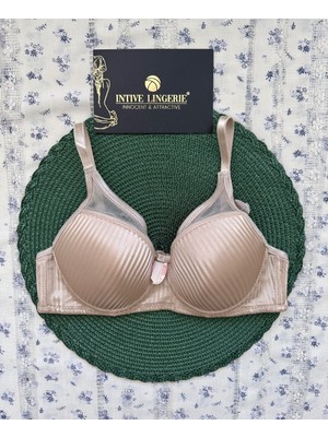 Evelyn Parlak Saten Çizgi Detaylı C Cup Balenli Desteksiz Önü Tül Detaylı Şık Sütyen