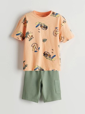 Lcw Kids Mercan Beli Lastikli Baskılı Tişört ve Şort 2'li