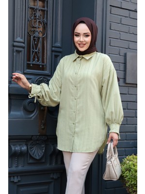 Çizgili Çağla Yeşili Tesettür Tunik 101016CY