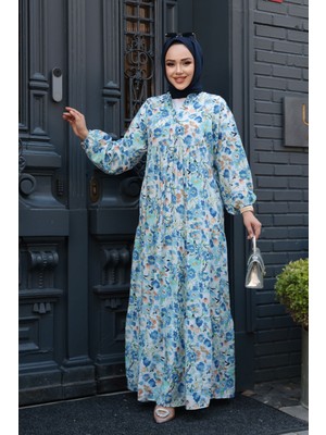 Çiçek Desenli Mavi Tesettür Elbise 19034M