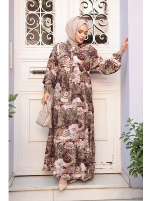 Desenli Haki Tesettür Elbise 19037HK