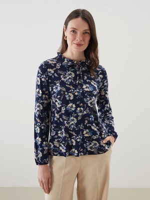 Lcw Grace Lacivert Bağlamalı Yaka Çiçekli Bluz
