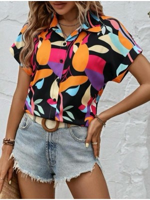 Kadın Moss Krep Kumaş Kısa Kol Çiçek Desenli Gömlek