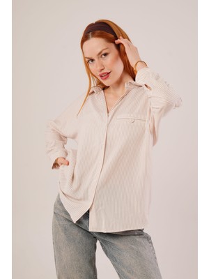 Cep Detay Çizgili Oversize Krem Gömlek