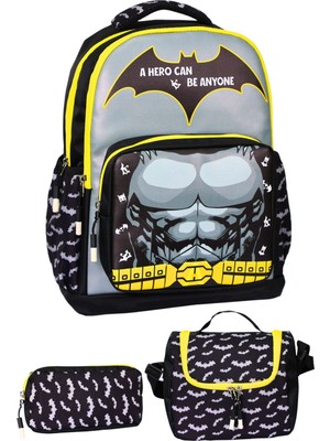 3’lü Ilkokul Gri Sarı Baskılı, Erkek Çocuk Beslenmeli ve Kalemlikli Okul Çantası