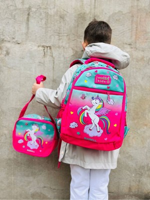 Waddell Lisanslı Fuşya Mint Unicorn Desenli Kız Çocuk Ilkokul Sırt Çantası ve Beslenme Çantası