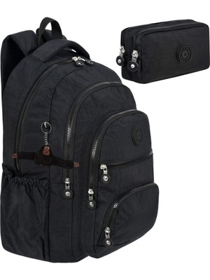 2'li Set Lüx Krinkıl Kumaş Lise ve Ortaokul Sırt Çantası + Kalemlik, Maymun Anahtarlık Hediyeli